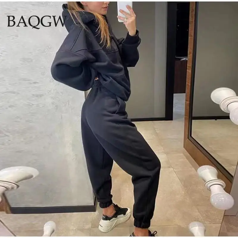 Solid Womens Oversized Tracksuit Warm Fleece Suits Hoodies Tops Casual Sweatshirts Jogging Pant Two Piece Outfits Sweatpants