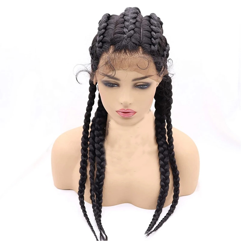 Handmade Box Braided Synthetic Lace Front Wig with Baby Hair 1B# Black Long Big Braiding 5 Braids Wig for Women Lace Wigs