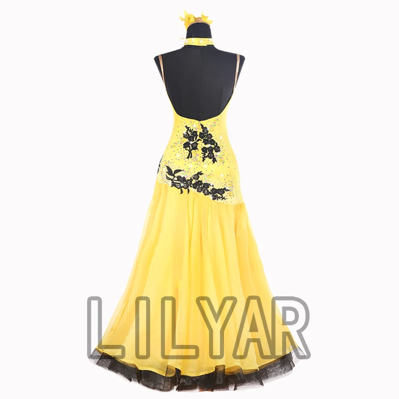 Vestido de baile de salón, falda estándar, competición, actuación, bordado amarillo personalizado para adultos, nuevo