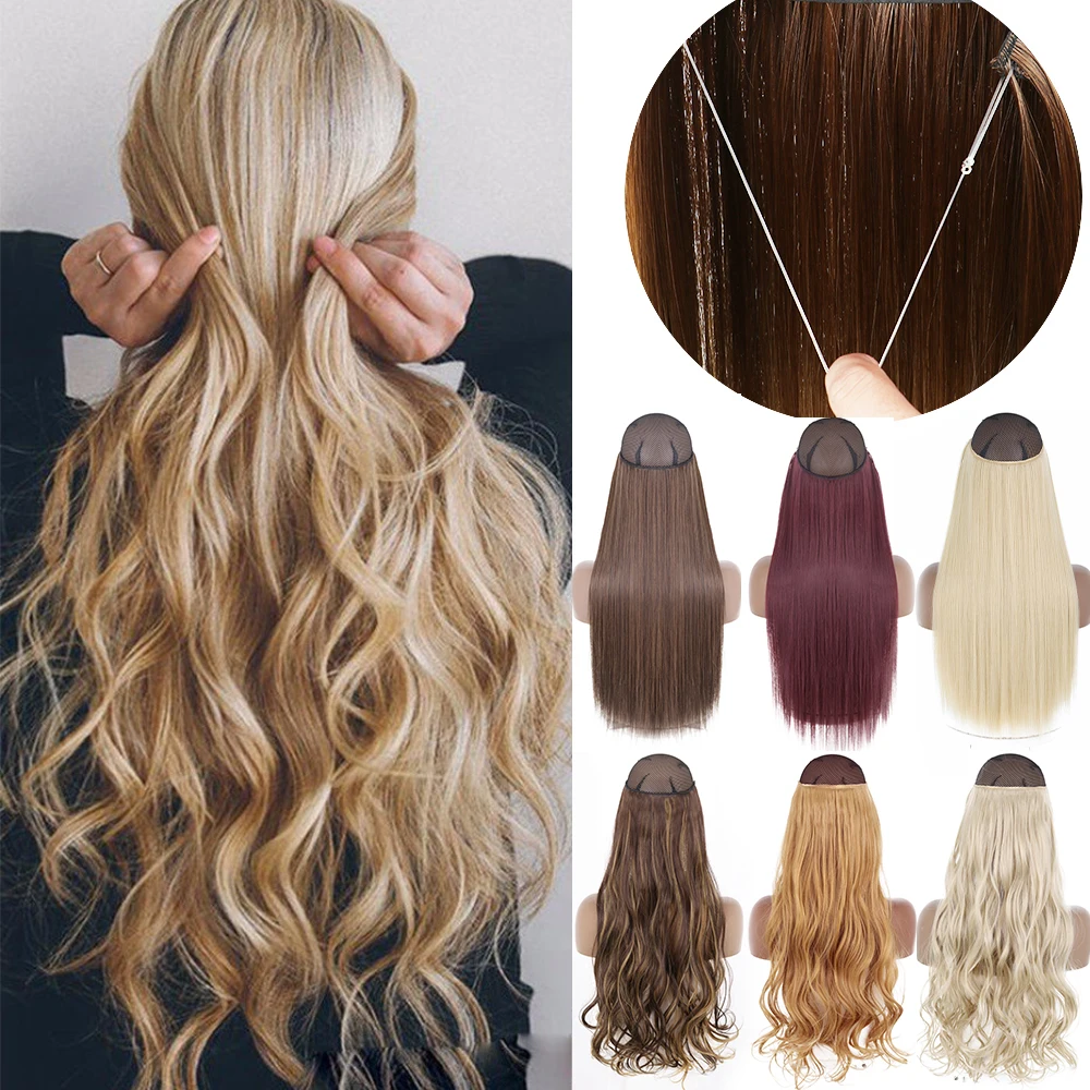 MERISIHAIR Synthetic No Clip Wave Hair Extensions Hidden Secret False Hairpiece One Piece Fish Line Fake Hair Piece