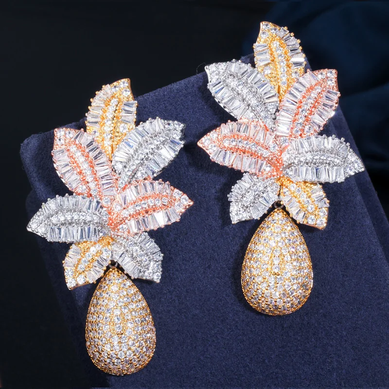 CWWZircons 3 Tone Gold Color Luxury Large Leaf Drop Flower Micro Cubic Zirconia Pave Naija Wedding Party Earring for Women CZ644