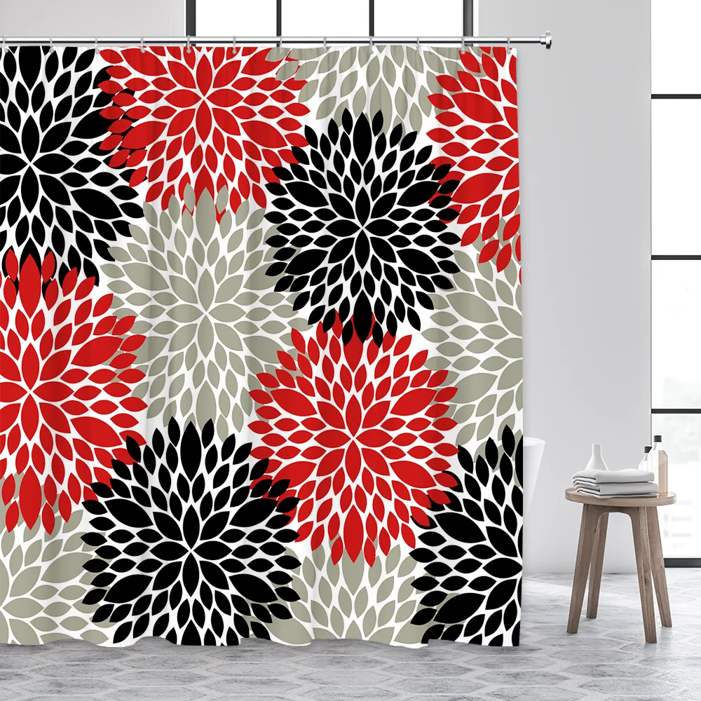 

Floral Dahlia Shower Curtains Abstract Mandala Flowers Red Black Grey Design Modern Fabric Bathroom Decor Polyester with Hooks