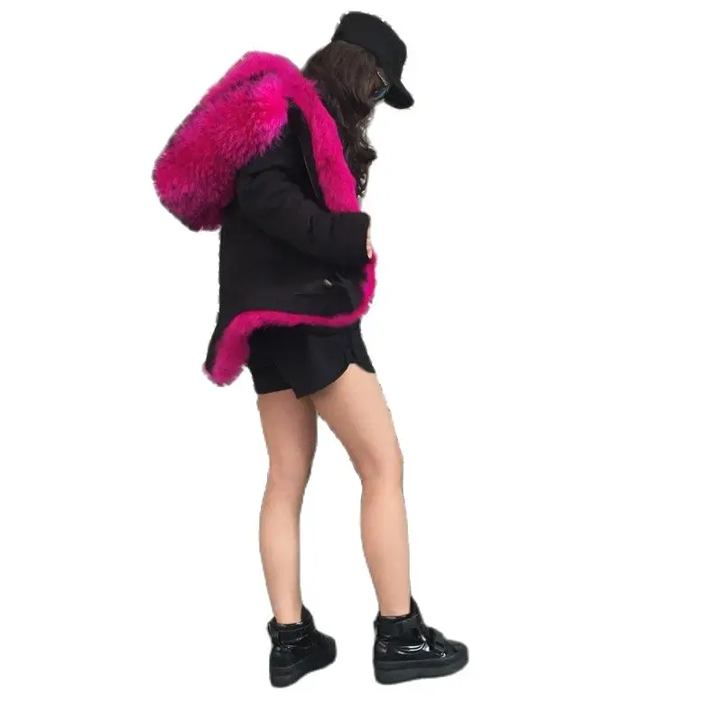 Black Mini Parka Shell Rose Pink Fox Fur Wear,Rose Pink Fashion Mr Mrs Fur Wear Luxury Fox Wear