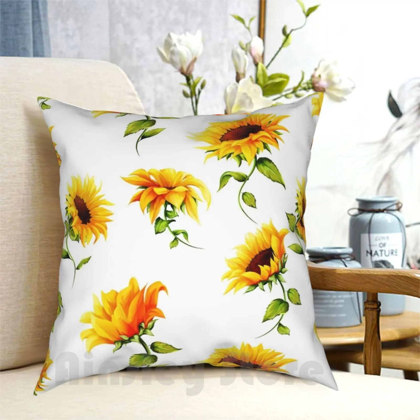 Sunflowers On White Pillow Case Printed Home Soft Throw Pillow Bouquet Textile Realistic Yellow Seamless Flower