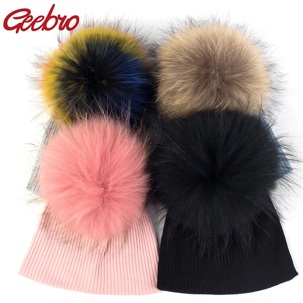 

Geebro Children Solid Color Soft Cotton Infant Hat Lovely Toddler Beanie Hats Winter Autumn Skull Cap with 15cm Real Fur Pompom