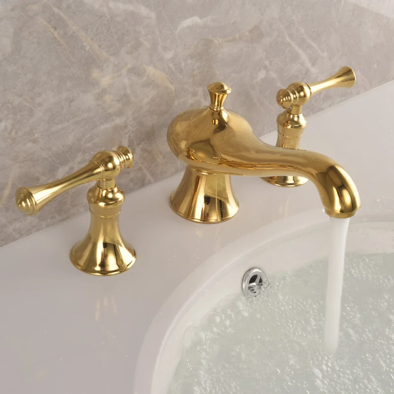 

Basin Faucets Bathroom Sink Faucet Brass Golden Three Holes Double Handle Luxury Bath Basin Bathtub Taps Mixer Water