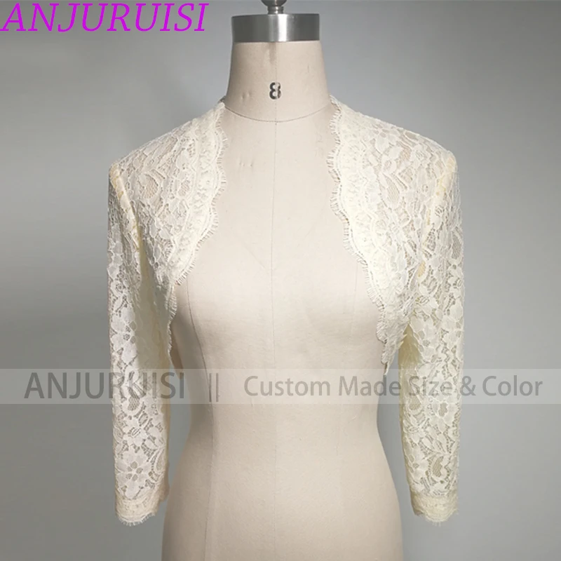 ANJURUISI Elegant Simple หุ้นผู้หญิง3/4แขนยาวลูกไม้สีขาวไหล่ Cropped Bolero งานแต่งงานเสื้อ2022เจ้าสาว Wraps