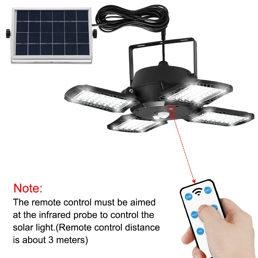 Remote Solar Pendant Light Outdoor Indoor Motion Sensor 128 LED/1000LM IP65 Waterproof Recess Shed Mode for Garage Garden Porch