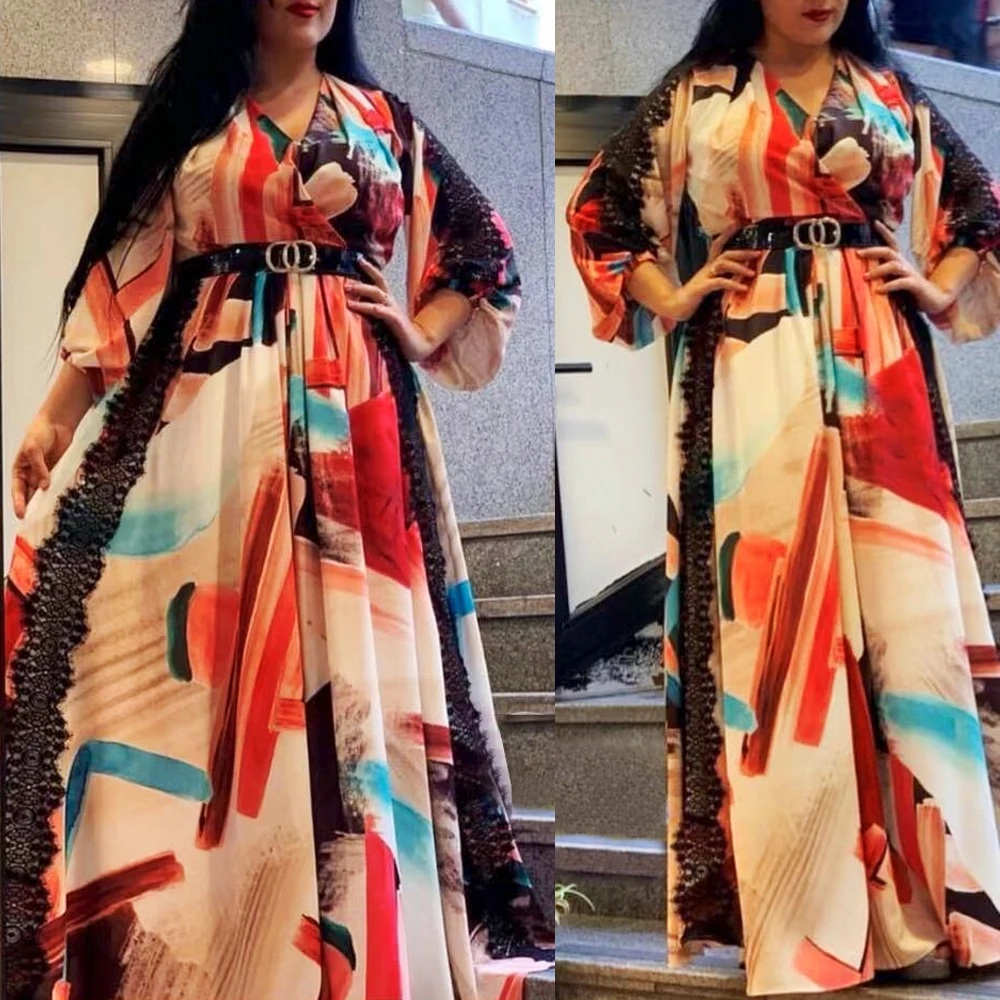 

MD African Dashiki Print Maxi Dress For Women Lace Patchwork Chiffon Dresses Dubai Abaya Long Sleeve Evening Gown Hippie Clothes