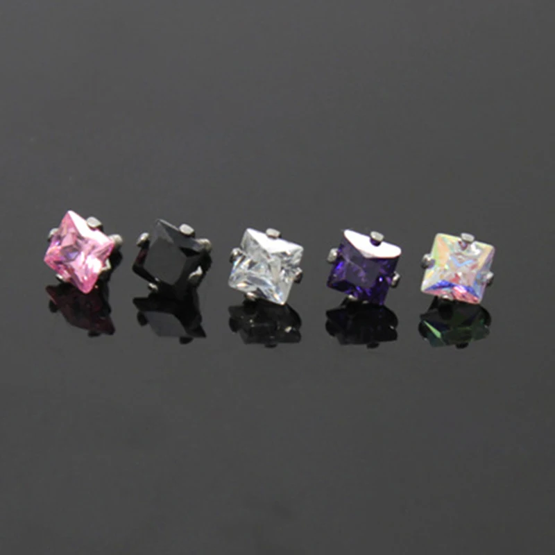 10Pcs Square CZ Gem Steel Top Internally Thread 16g For Ear Cartilage Tragus Helix Piercing Labret Lip Studs Ring  Body Jewelry