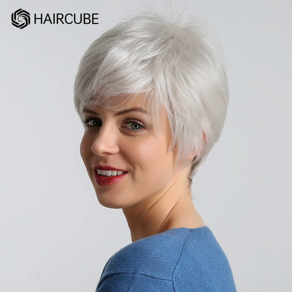 HAIRCUBE Silver Hair Short White Blonde Costumes Wigs for Women Heat Resistant Synthetic Fiber Mixed Human Hair Wig Daily Use