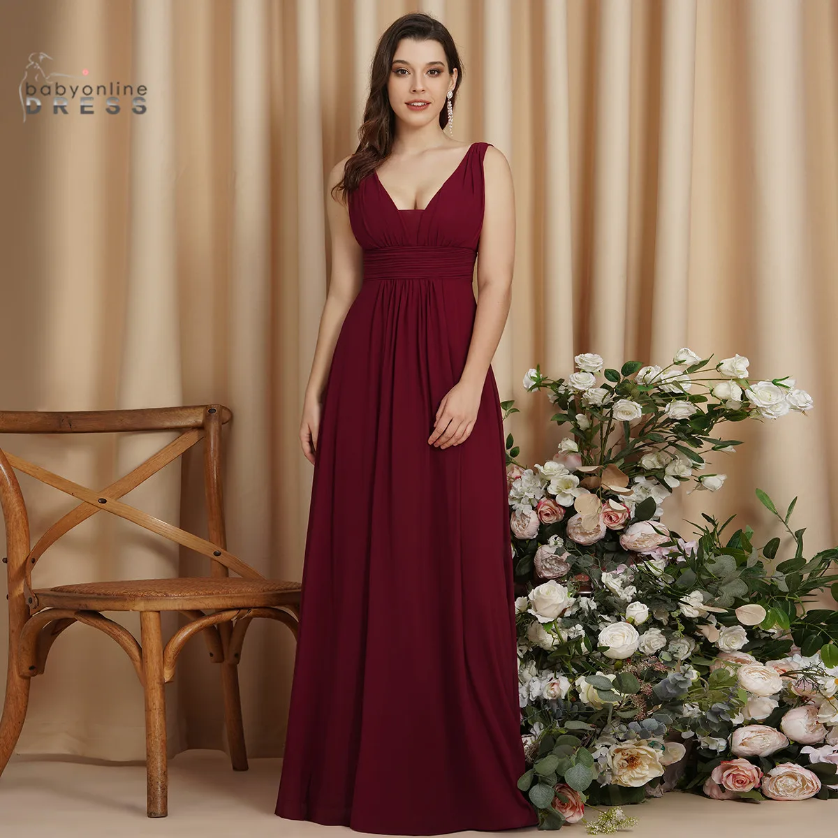 

Burgundy Beach Chiffon Bridesmaid Dresses A-line V-neck Sleeveless Elegant Formal Wedding Party Gown robe de soirée de mariage