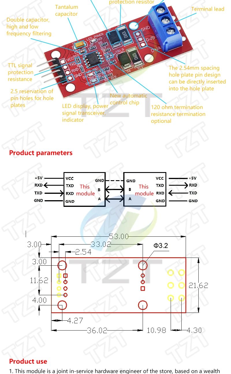 TZT TTL Turn To RS485 Module Hardware Automatisches Flow Control Modul Serielles UART Level Gegenseitige Konvertierung Stromversorgungsmodul – Detail 11