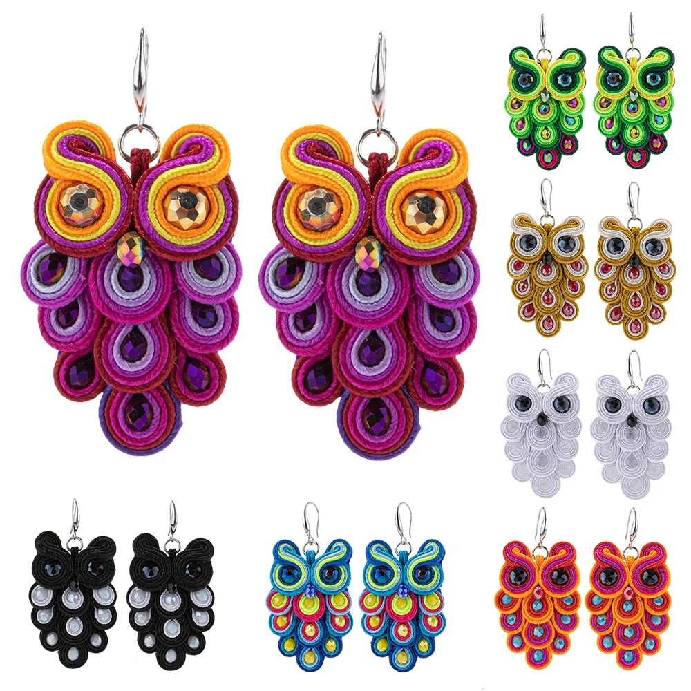 

Owl pendant earrings boho fashion jewelry colourful Soutache Handmade earring for women weaving Bird Accessories Beautiful gift