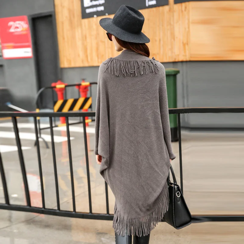 Knitted Shawl Women Cardigan Ladies  Bat Sleeve Coat Fashion Loose Tassels Tops Irregular Sweater Cape Pull Femme Femme