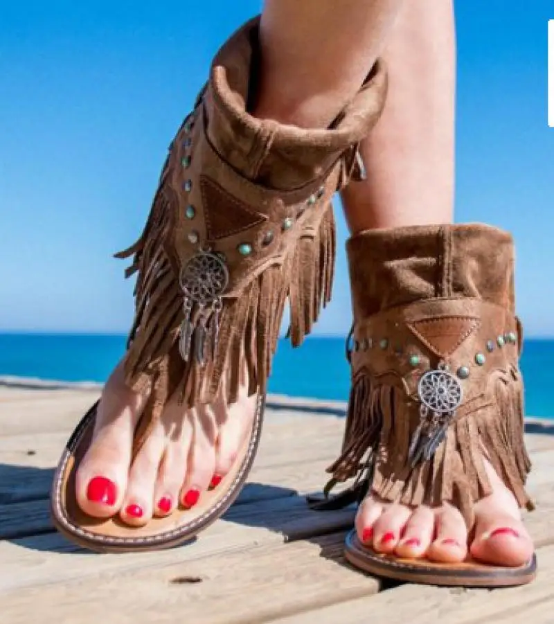 Tassel Ankle Shoes Summer Women Sandals Flip Flapts High Top Sandals 2021 New Female Casual Flat Shoes Beading Shell Sandal