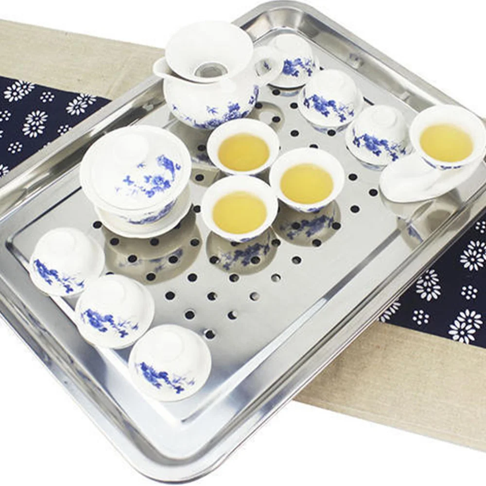 Stainless Steel Tea Cup Tray Household Rectangle Tea Plate Japanese Style Hollow Tray Holder for Home Teahouse (36x27cm)