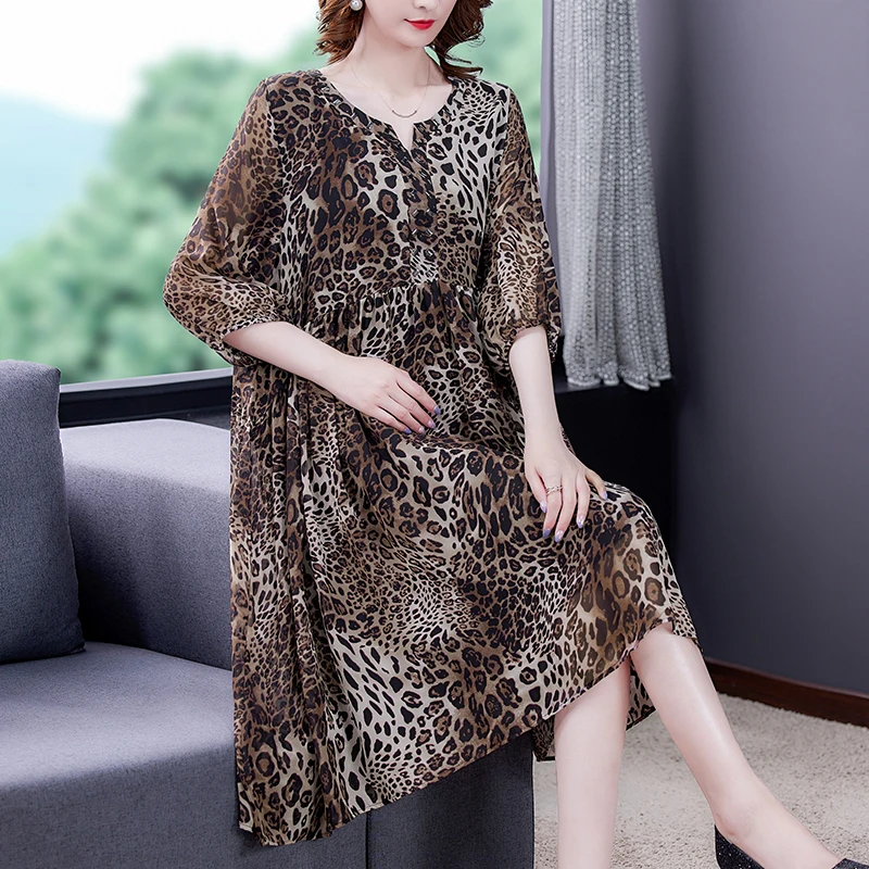 2024 Women Vintage Leopard Print Chiffon Midi Dress Summer Casual Loose Beach Dress Elegant Bodycon Party Evening Vestidos