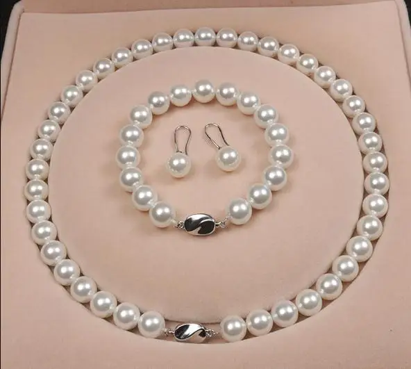 

Favorite Pearl South Sea Shell Pearl Necklace Bracelet Earrings Jewelry Set 10mm Perfect Wedding Birthday Party Lady Gift