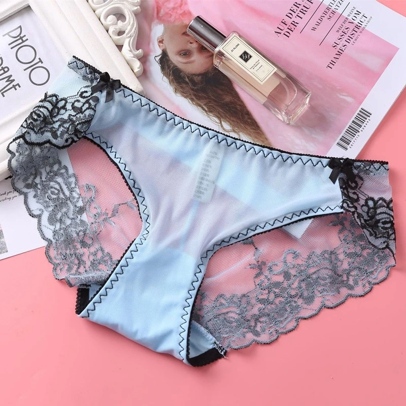 Women\'s Sexy Underwear Panties Girl Hollow Out Low-waist Embroidered Lace Panties Seamless Panties Transparent Mesh Briefs