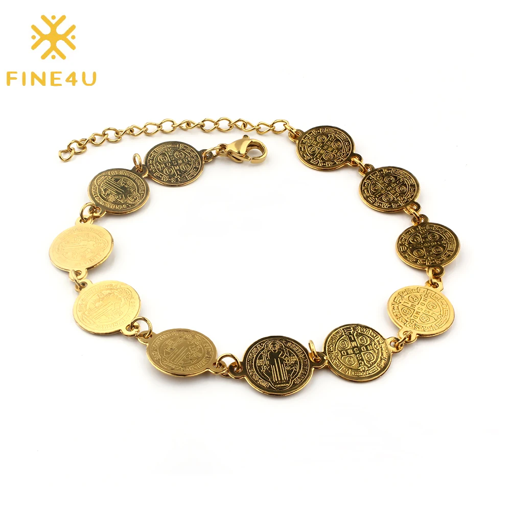 Fine4u b420 pulseira com pingente de medalha de proteção mal de são bento para mulheres, acessório de joias católicas de san benito