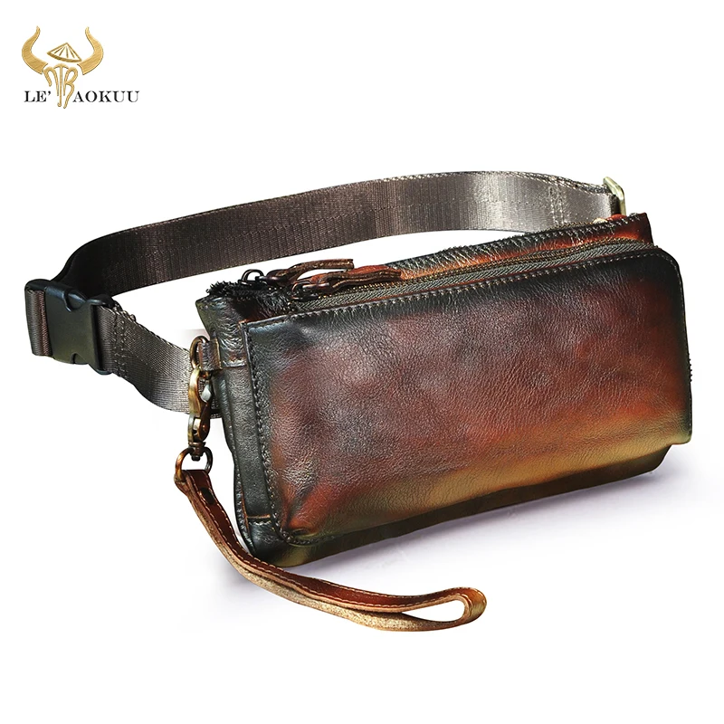 

Trend Quality Leather Retro Male Small Hip Bum Cigarette Bag Design Travel 7" Phone Case Travel Fanny Waist Belt Bag Men 2019