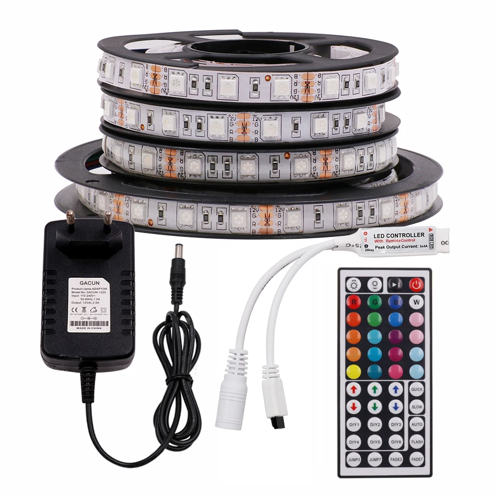 RGB LED Strip Light 12V SMD5050 Flexible Led Tape 10M 60Leds/m Waterproof Led Strip + 44Key IR Remote Controller + Power Supply