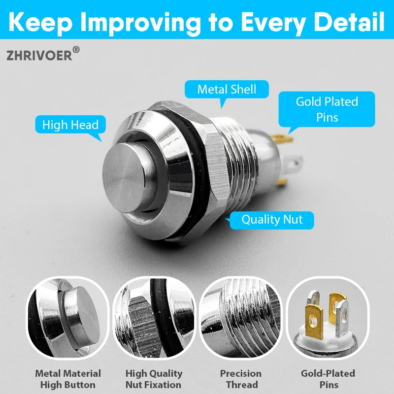 1pc 10mm With LED indicator Self-reset Momentary Self-locking Latching Metal Push Button Switch 4pins high head 3v5v12v24v220v