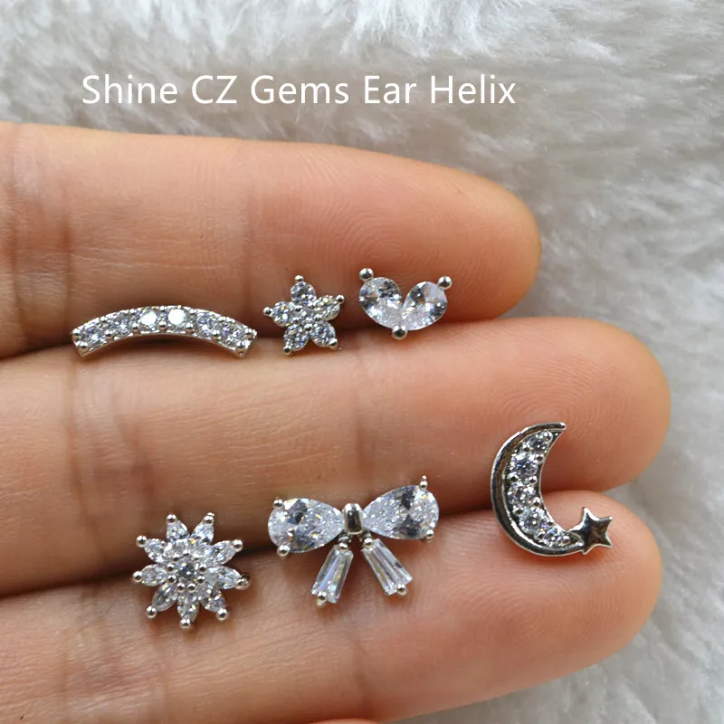 Lot50pcs Body Jewelry- Knot Star Moon Mix CZ Ear Studs/Earring Helix Bar Upper Earring Body Piercing Tragus Diath Earring 16g