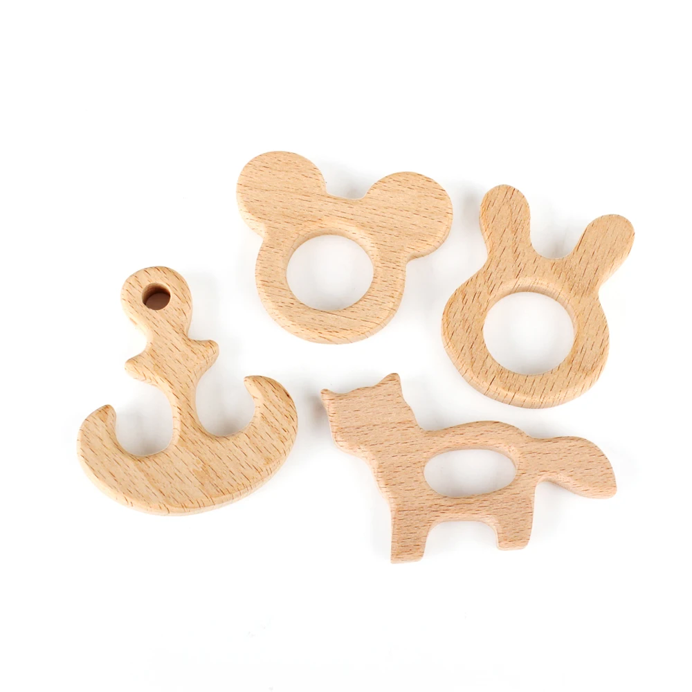 1pc Food Grade Wooden Teether Animal Cartoon Flower Cloud Mouse Tiny Rod DIY Pacifier Chain Natural Beech Wood Teething Teether