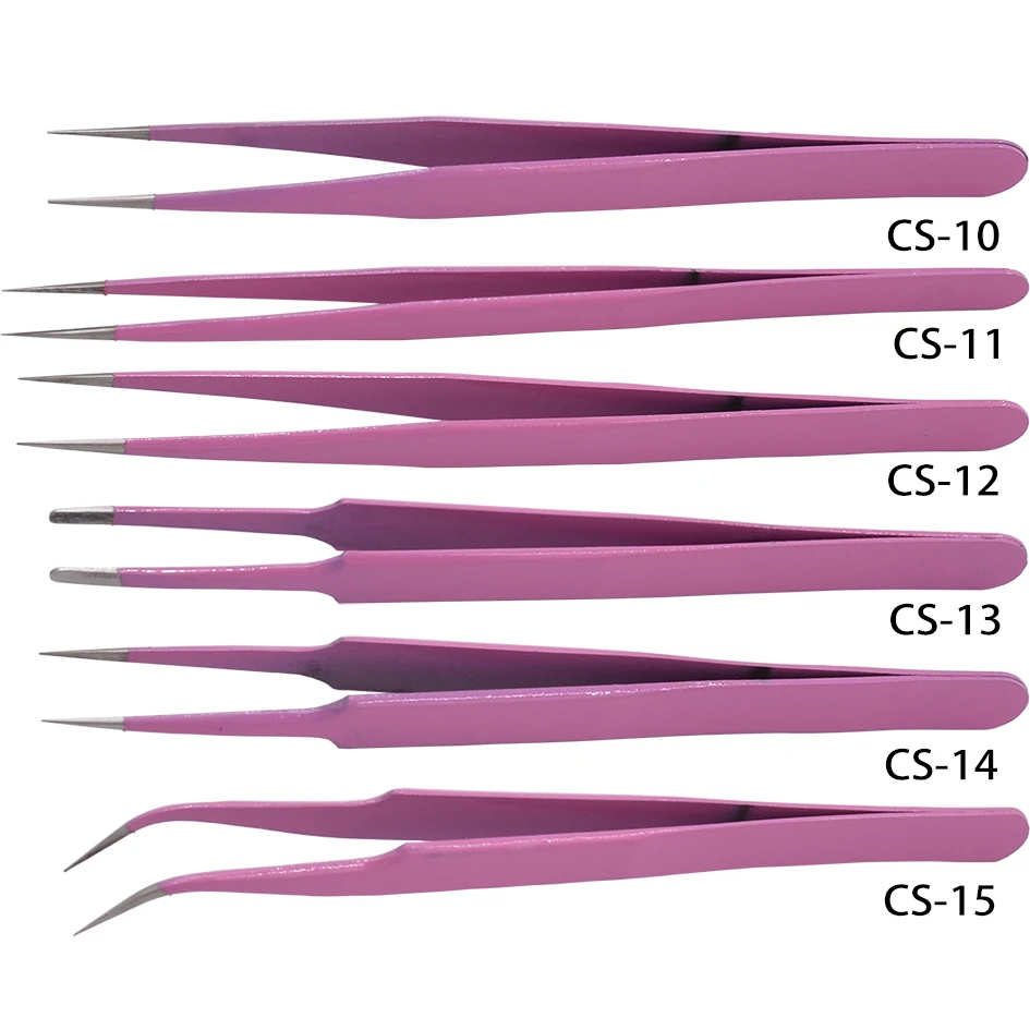 CS-10/11/12/13/14/15 Pink Eyelash Tweezers Stainless Steel Anti-static For Eyelash Extension Makeup Tools   200pcs/lot