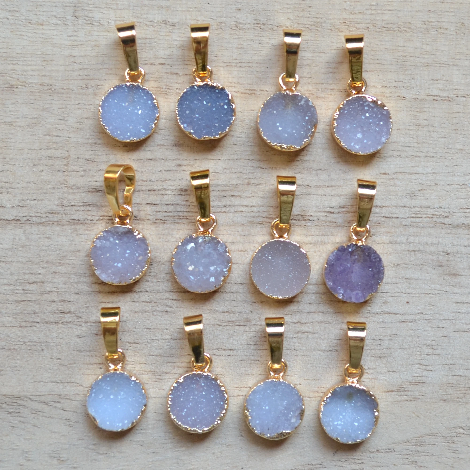 

New 10 mm round druzy pendant ,crystal quartz pendants with Electroplated gold edges