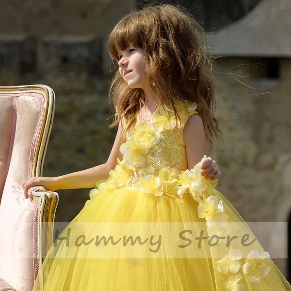 Vestidos bonitos de flores para niñas, apliques de tul, Bateau amarillo sin mangas con cremallera, Vestidos de baile para fiesta de noche de 3 a 7 años