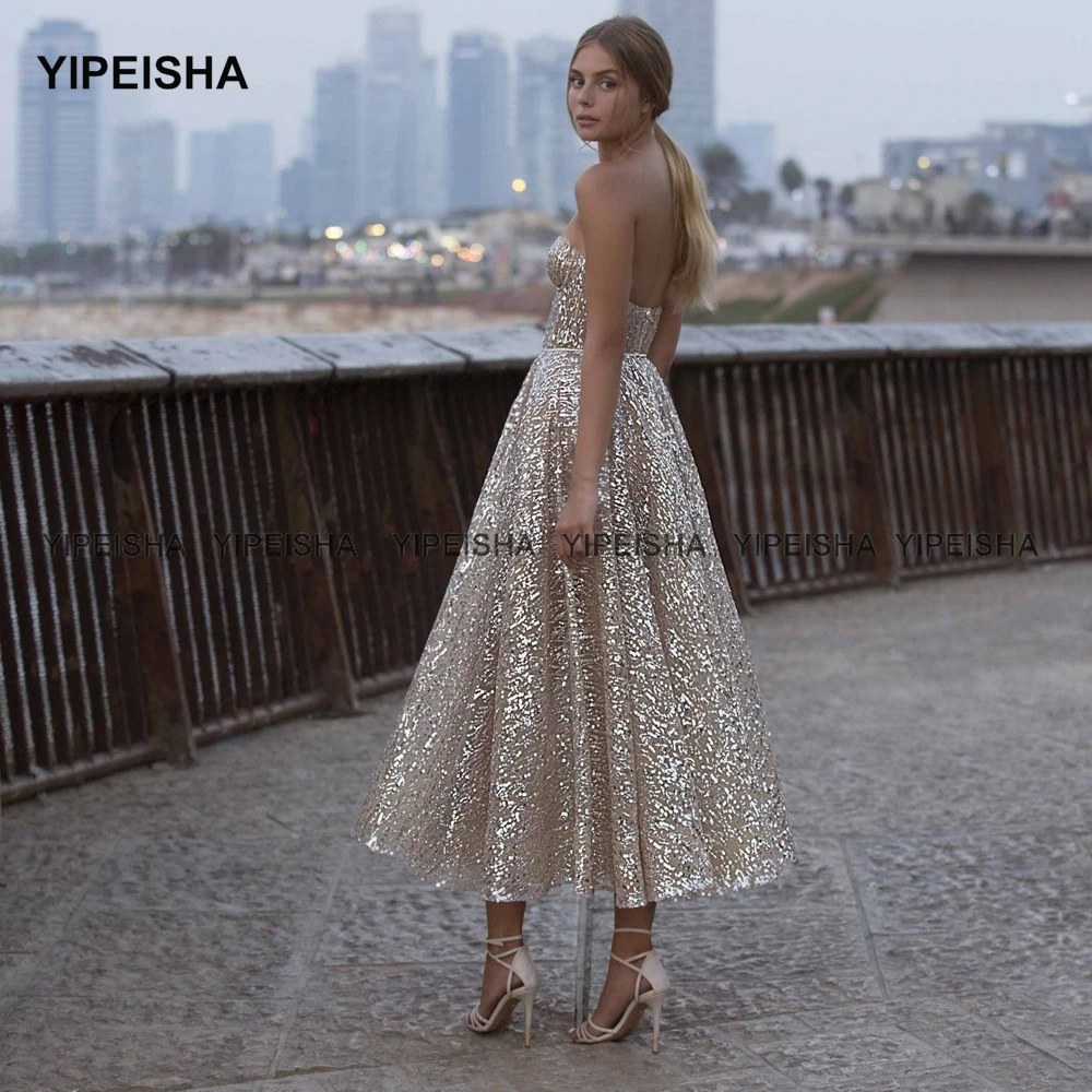 Yipeisha Glitter Pailletten Prom Kleider Schatz A-linie Tee Länge Party Kleid Formale Cocktail Kleid Vestido de Festa 2021