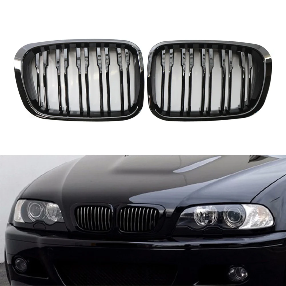 1Pair Gloss Black ABS Car Front Twin Bar Grille Grills for BMW E46 3 Series 320i 323i 325i 328i 330i 4Door 1999 2000 2001