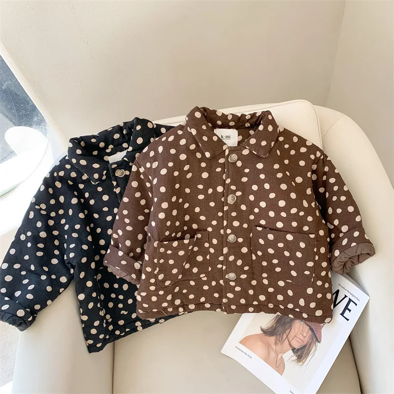 

Polka Dot Qulited Warm Boys Girls Jacket Autumn Winter Fashion Korean Turn-Down Collar Single Breasted Kids Coat 2-6Y