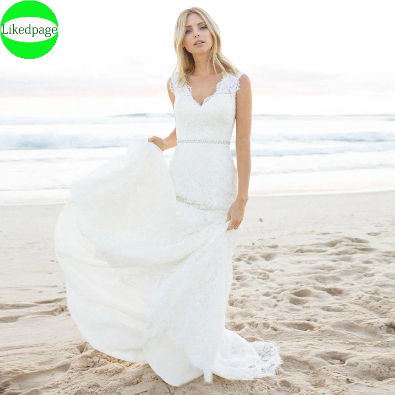 

Beach Wedding Dress Simples Vestidos De Novia Boho V Neck Vintage Lace Boda Bride Gown 2021 A Line Robe Mariage Trouwjurk Cheap