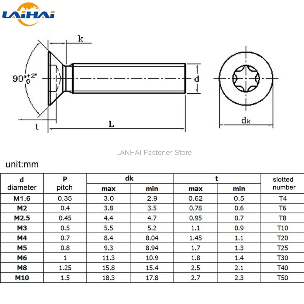 10/50 M2 M2.5 M3 M4 M5 M6 Black 304 Stainless Steel GB2673 Six-Lobe Torx Head Flat Countersunk Screw Six Lobe Bolt Machine screw