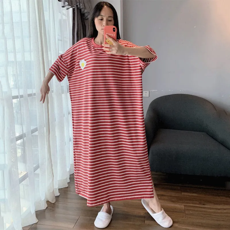 6XL Women Short Sleeve Homewear Nightdress Striped Nightwear Home Dressing Gown Summer New Robe Long Nightgown