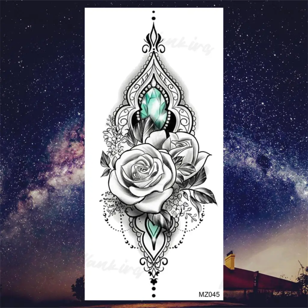 Henna Lotus Temporary Tattoos For Women Adults Watercolor Rose Flower Fake Gemstone Tattoo Sticker Sexy Body Arm Tatoos 3D