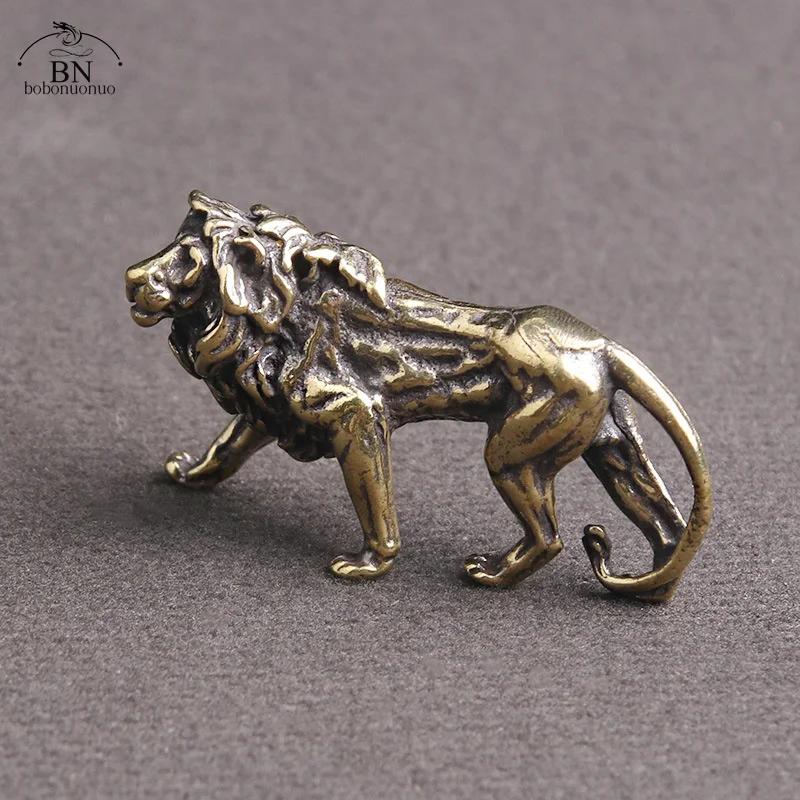 Retro Brass Lion King Miniatures Figurines Desktop Ornaments Pure Copper Statue Metal Crafts Home Decorations Keychain Pendants