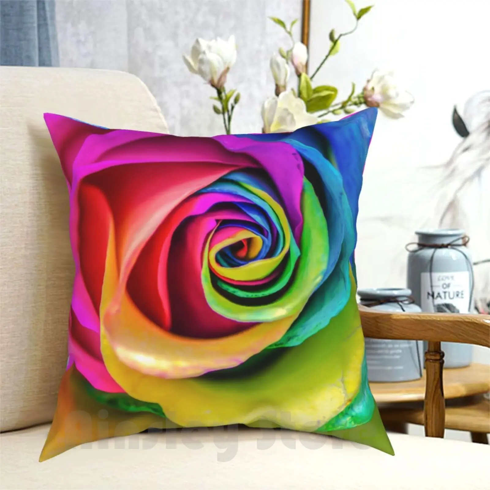 Rainbow Rose Pillow Case Printed Home Soft DIY Pillow cover Rainbow Rose Macro Close Up Abstract Colors Colorful Vibrant