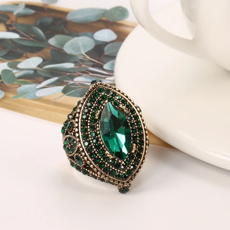 Kinel Luxury Antique Ring For Women Vintage Look AAA Green Crystal Boho Jewelry Gold Color Charm Ethnic Wedding Ring