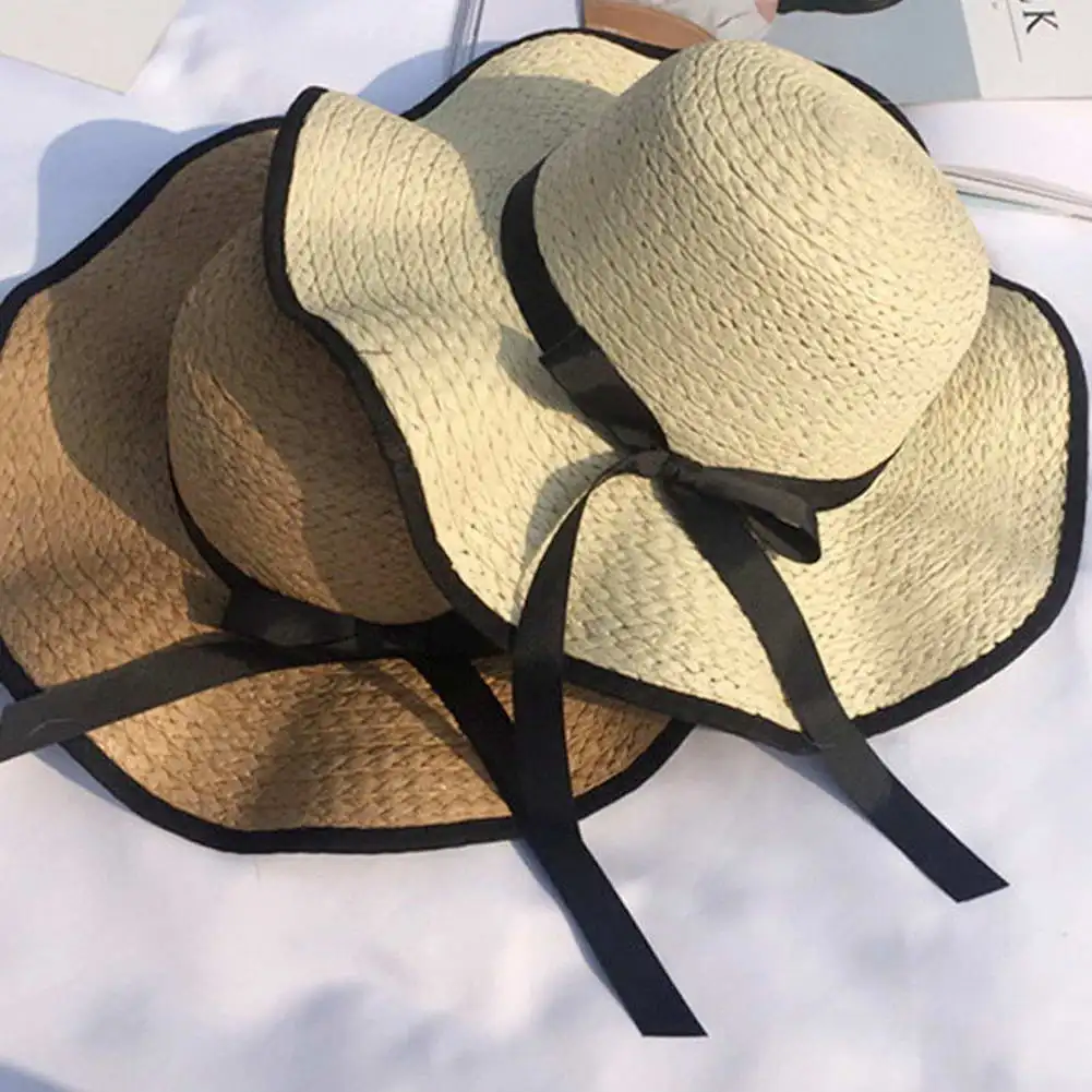 Sombrero coreano para Mujer, Sombrero de paja con lazo, protección UV, ala redonda clásica, sombreros de sol salvaje, gorra de playa para Mujer, novedad de verano