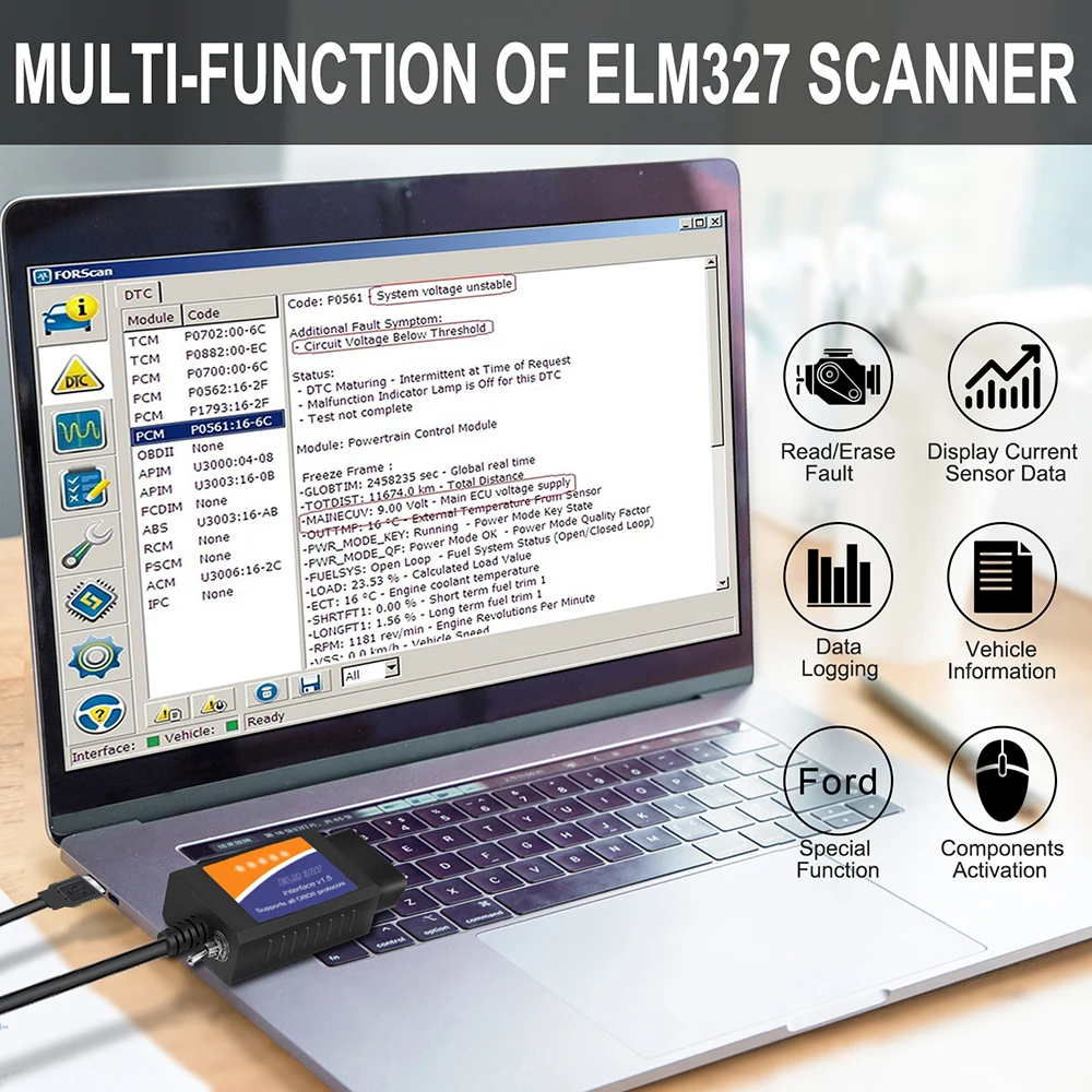 Elm 327 usb bluetooth-compatível funciona na forscan hs can/ms pode v1.5 carro obd2 ferramenta de diagnóstico elm327 usb ftdi obd2 scanner