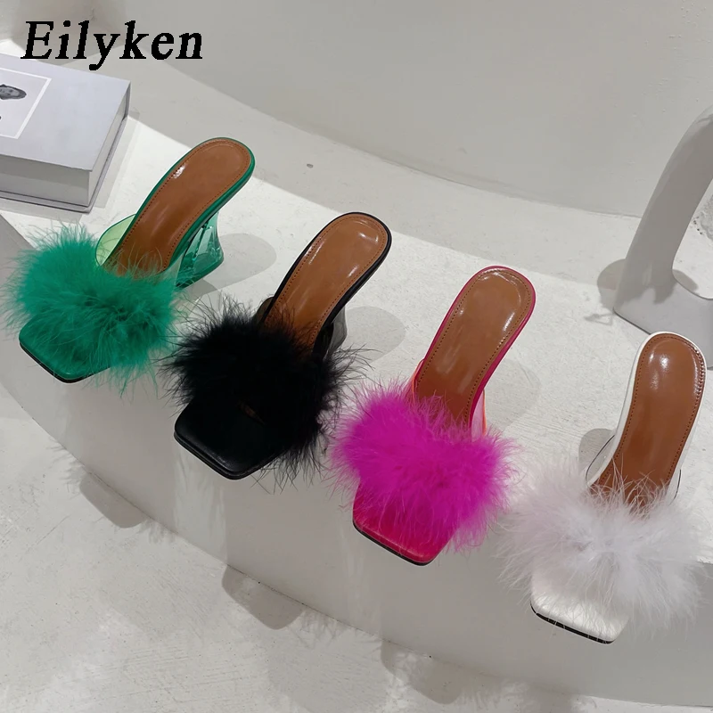 Eilyken Feather Transparent Strange High Heels Fur Slippers Sandals Women Peep Toe Mules Lady Pumps Slides Size 35-41