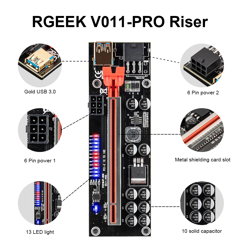 RGEEK V011 Pro Pcie Riser 011 Plus Cabo Riser Card Pci Express X16 10 Capacitors USB 3.0 Cable For GPU Graphics Card