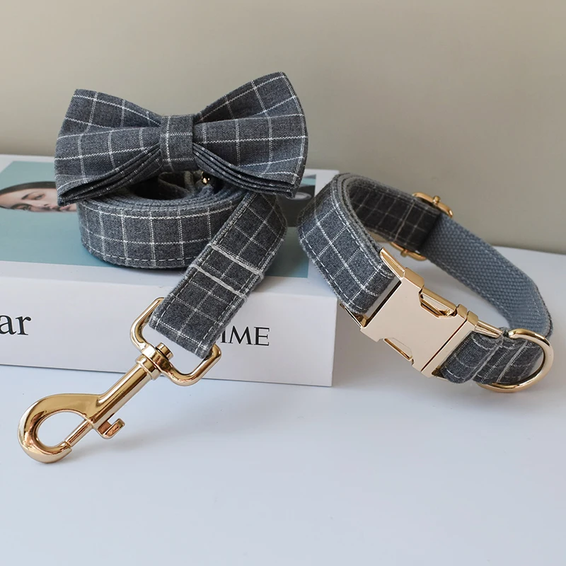 Comfortable and durable gray plaid dog collar and dog leash for pitbull bull terrier Rottweiler german free engraving Grid 03