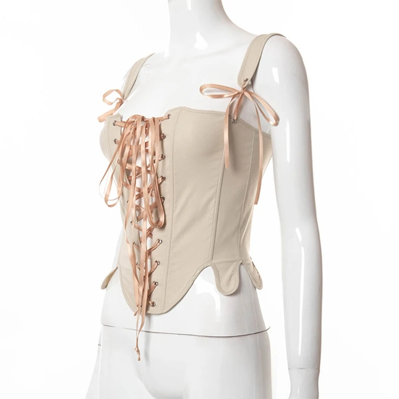 Sexy Summer Bustier Tank Tops Female Slim Sleeveless Vintage Cut Out Corset Waist Top with Lace Up Bandage Body Shaper Corset