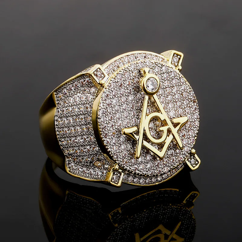 New Trendy AG Freemason Ring Men\'s Ring Bohemian Crystal Inlaid Ring Austrian Rhinestone Metal Ring Accessory Party Jewelry